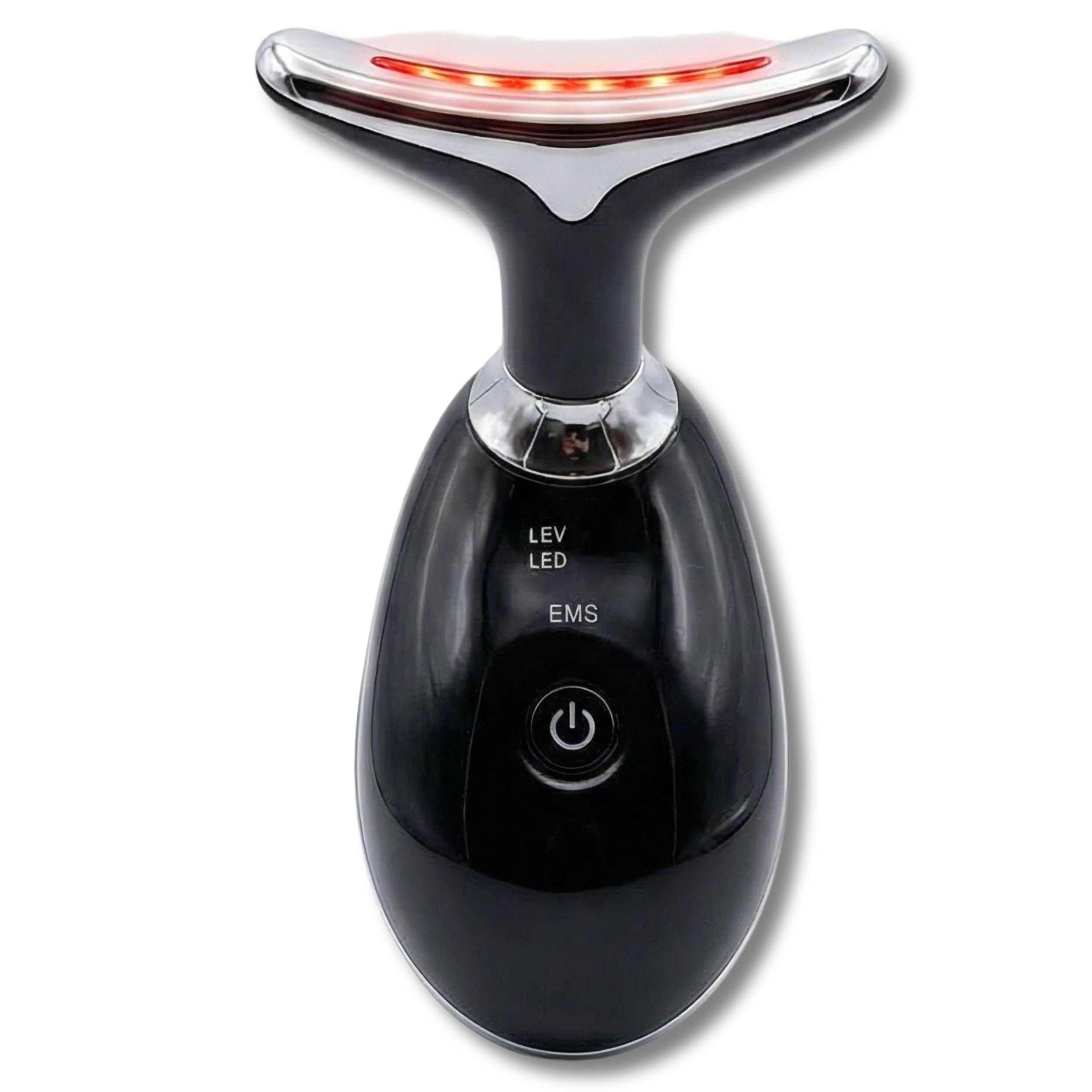 Schwarzes Gerät mit silbernem Kopf. Bedienfeld mit LED-Anzeigen und Ein/Aus-Taste. Rotes Licht am Kopf.