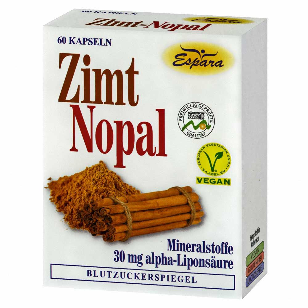 Weiße Schachtel mit "Zimt Nopal" Schriftzug. Enthält 60 Kapseln. Logo von Espara. Vegan-Siegel. Abbildung von Zimtstangen und Pulver.