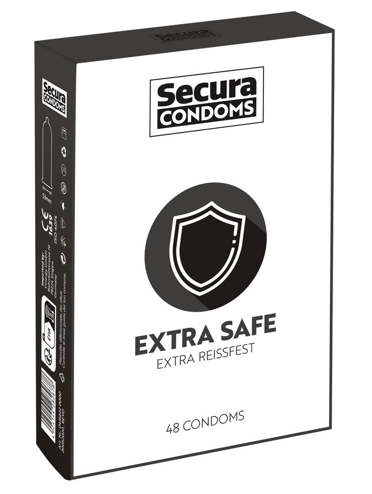 Verpackung von Secura Extra Safe Kondomen. 48 Kondome. Logo, Schild-Symbol und Produktbezeichnung.