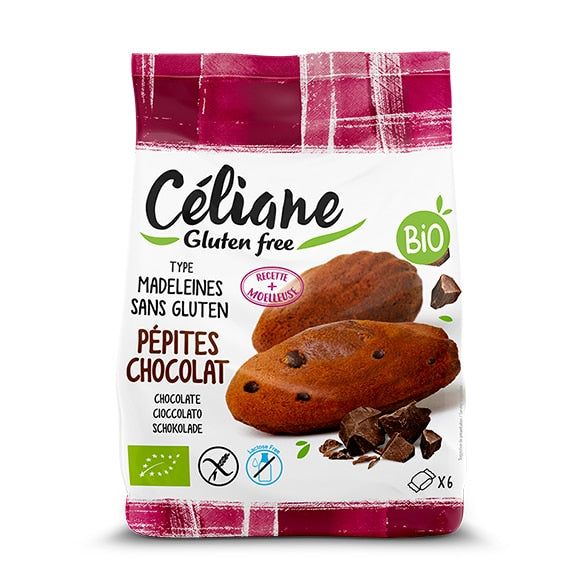 Verpackung mit glutenfreien Madeleines mit Schokoladenstückchen. Marke Céliane, Bio-Siegel, 6 Stück.