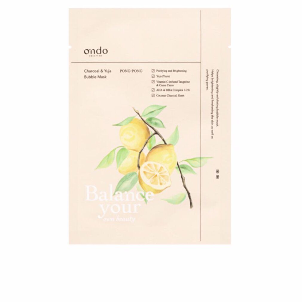 Beutel mit ONDO Charcoal & Yuja Bubble Mask. Illustration von Zitronen. Text: Balance your skin beauty.