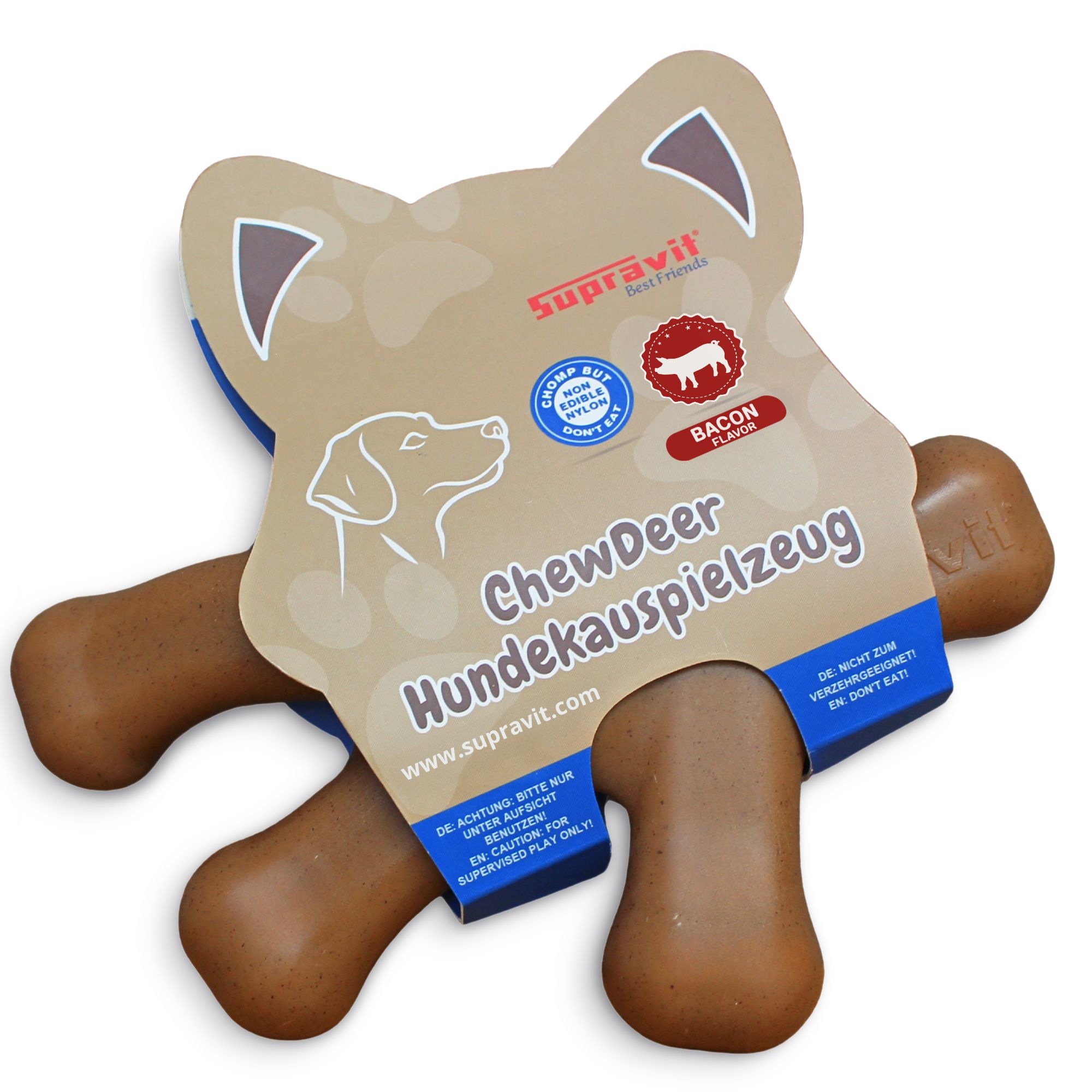 Verpackung von Supravit ChewDeer Hundekauspielzeug. Text: ChewDeer Hundekauspielzeug mit Bacon-Geschmack. Logo und Produktabbildung.