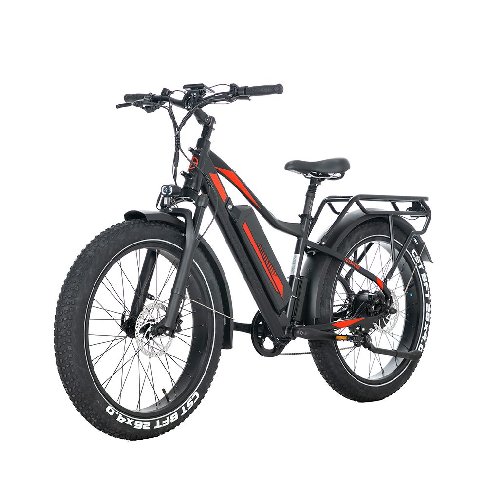 Schwarzes E-Mountainbike mit roten Akzenten. Breitreifen, Gepäckträger, Schutzbleche. Sichtbare Details: Shimano-Schaltung.