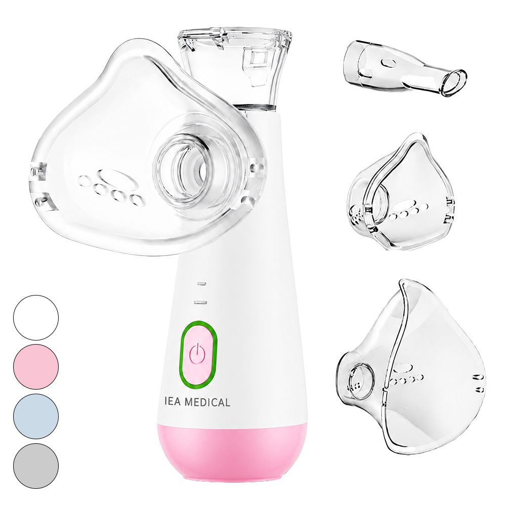IEA Medical Inhalator in Pink mit verschiedenen Maskenaufsätzen und Mundstück.