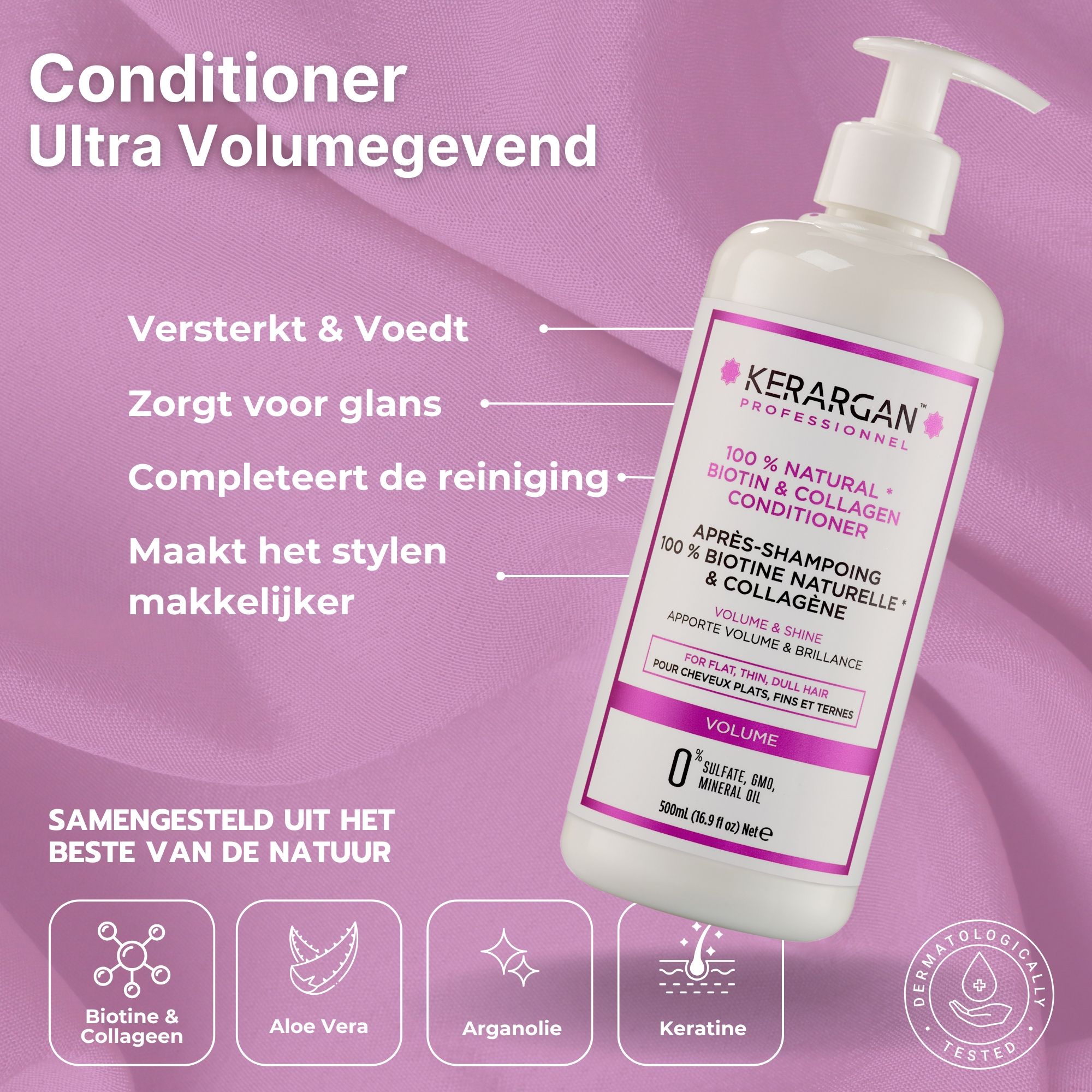 Kerargan conditioner, witte fles. Tekst: Biotine & Collageen, Volume & Glans. Ingrediënten, dermatologisch getest.