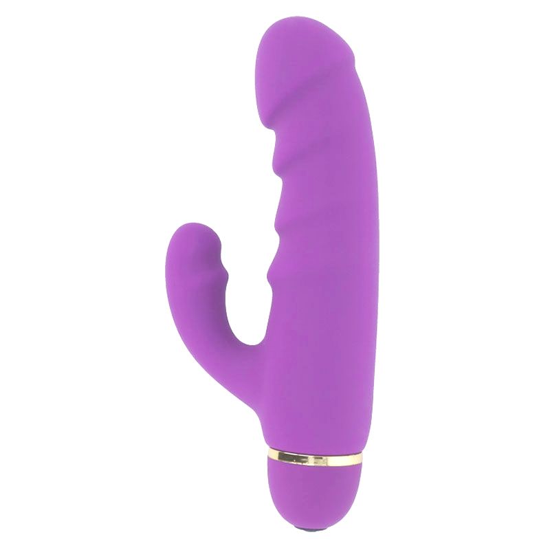 Lila Vibrator mit geriffelter Oberfläche und gebogener Form. Goldfarbener Ring am unteren Ende.