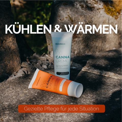 Zwei Tuben Canna Creme auf Stein. Text: Kühlen & Wärmen. Text: Gezielte Pflege für jede Situation.