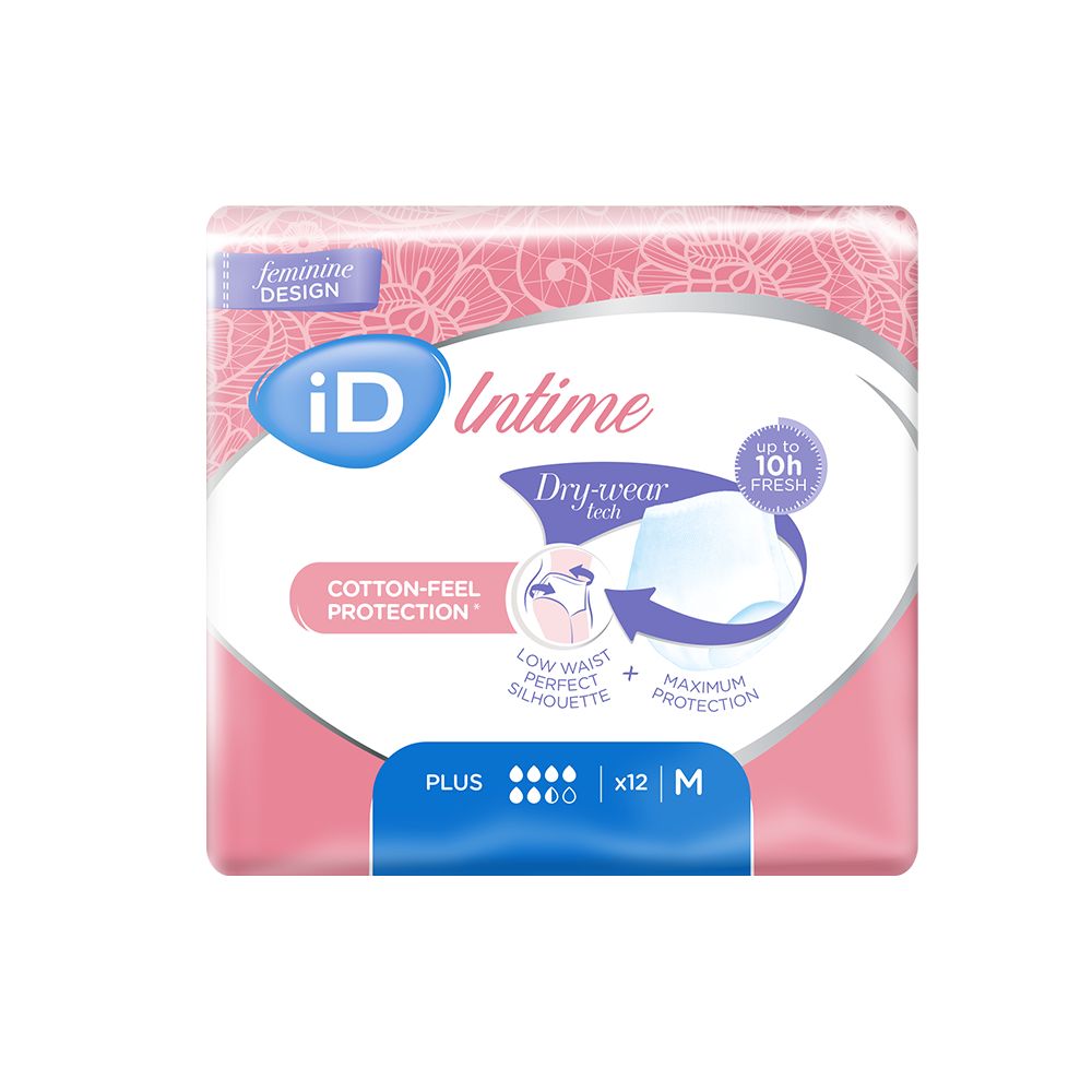 Verpackung iD Intime Pants Plus. Rosa-weißes Design, Produktname, Dry-wear tech, Baumwoll-Schutz, x12, M.