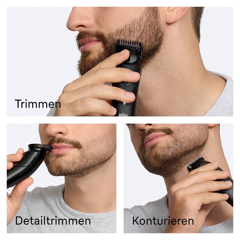 Anwendung des Braun Bartschneiders: Trimmen, Detailtrimmen, Konturieren.
