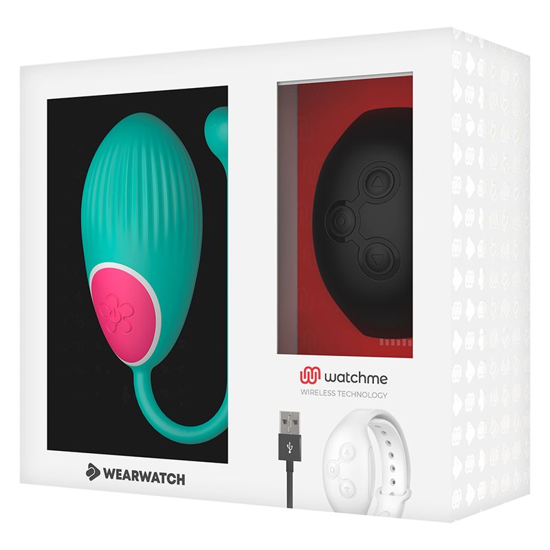 Verpackung mit türkisfarbenem Ei, schwarzer Armbanduhr und USB-Kabel. Logo: watchme, Wearwatch.