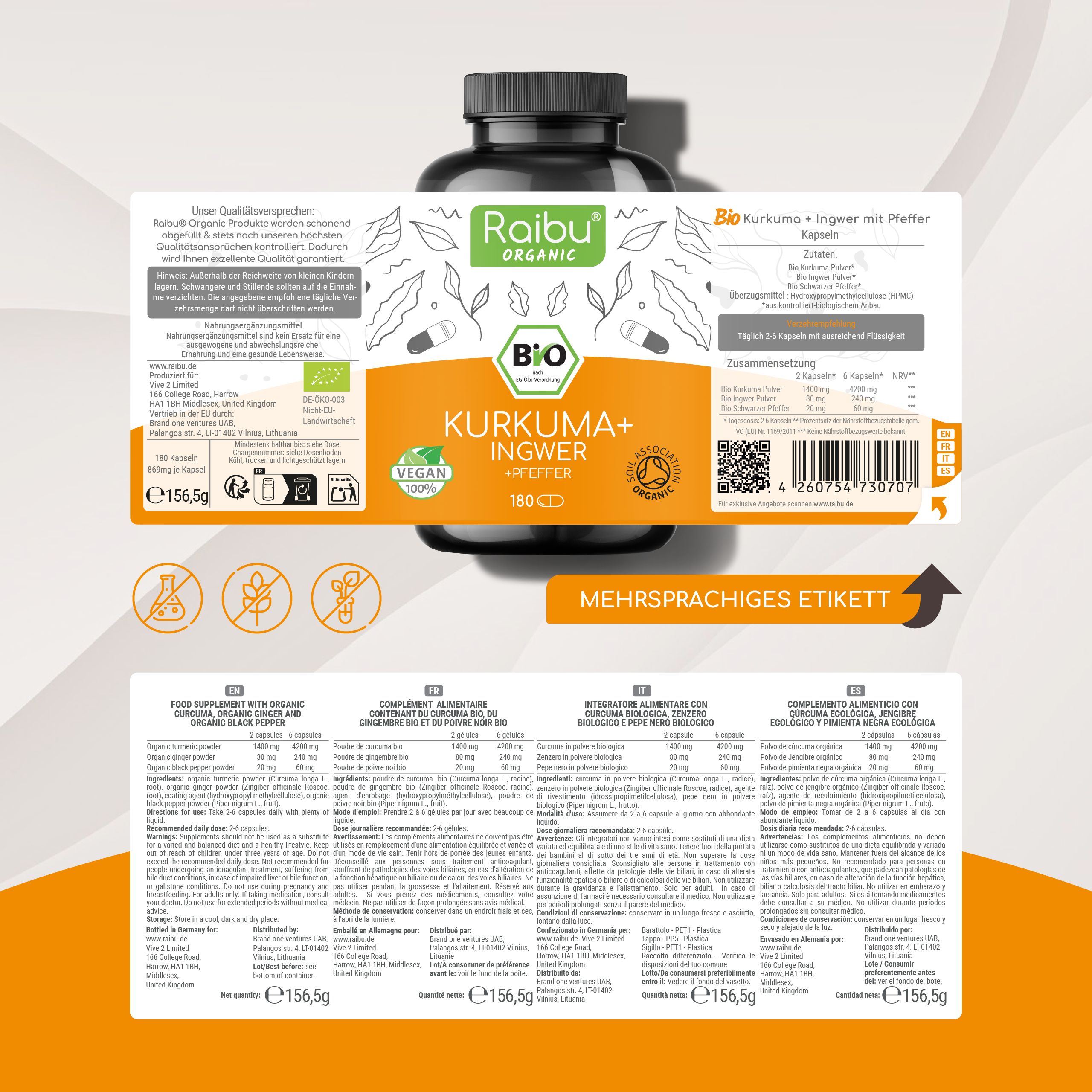 Produktverpackung mit Etikett. Text: Bio Kurkuma + Ingwer mit Pfeffer. Mehrsprachiges Etikett.