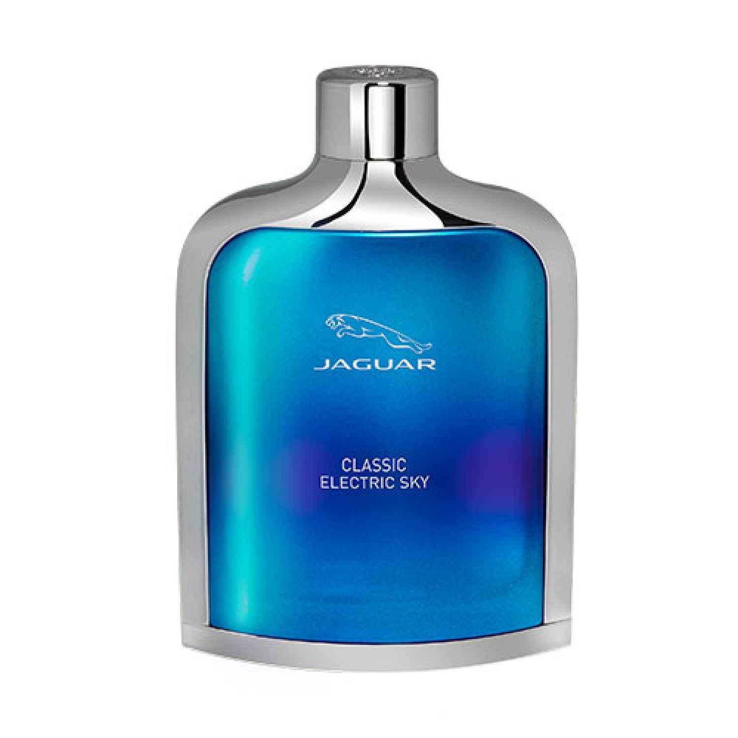 Blau-türkisfarbener Flakon mit silbernem Deckel und Umrandung. Aufschrift: Jaguar Classic Electric Sky. Logo: springender Jaguar.