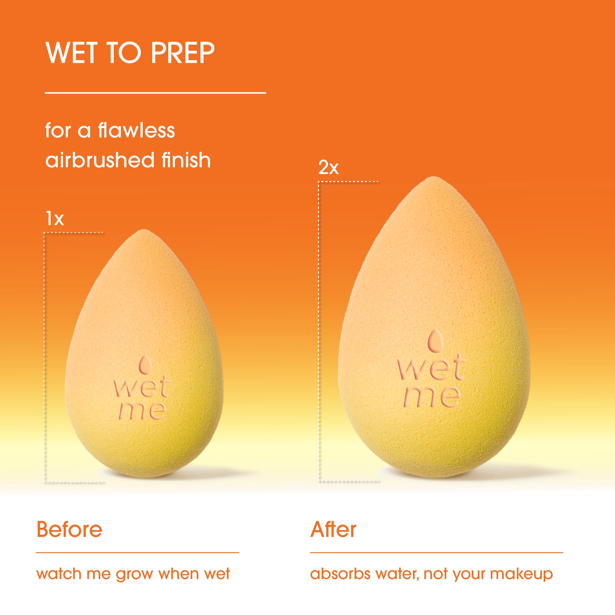 Vergleich von zwei Beautyblender Schwämmen: klein (vorher) und groß (nachher) nach Befeuchtung.