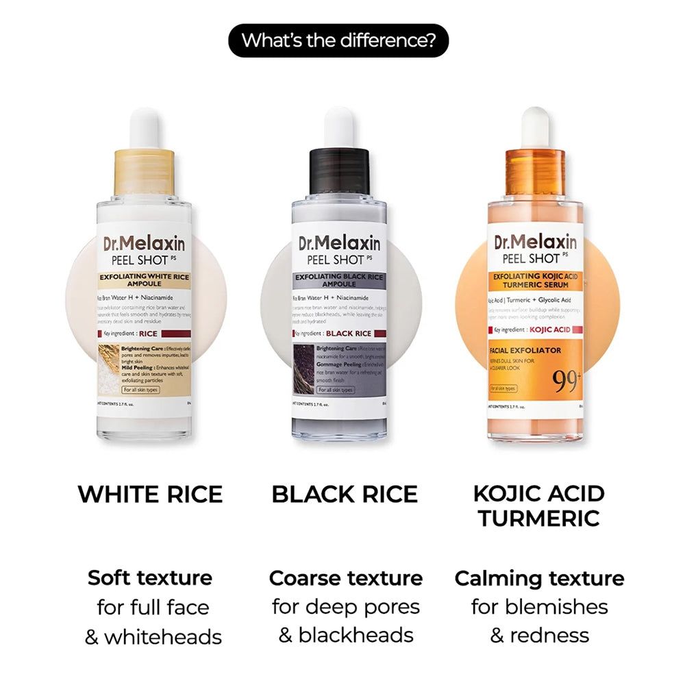 Dr.Melaxin Peel Shot Exfoliating White Rice Ampoule mit Pipette.