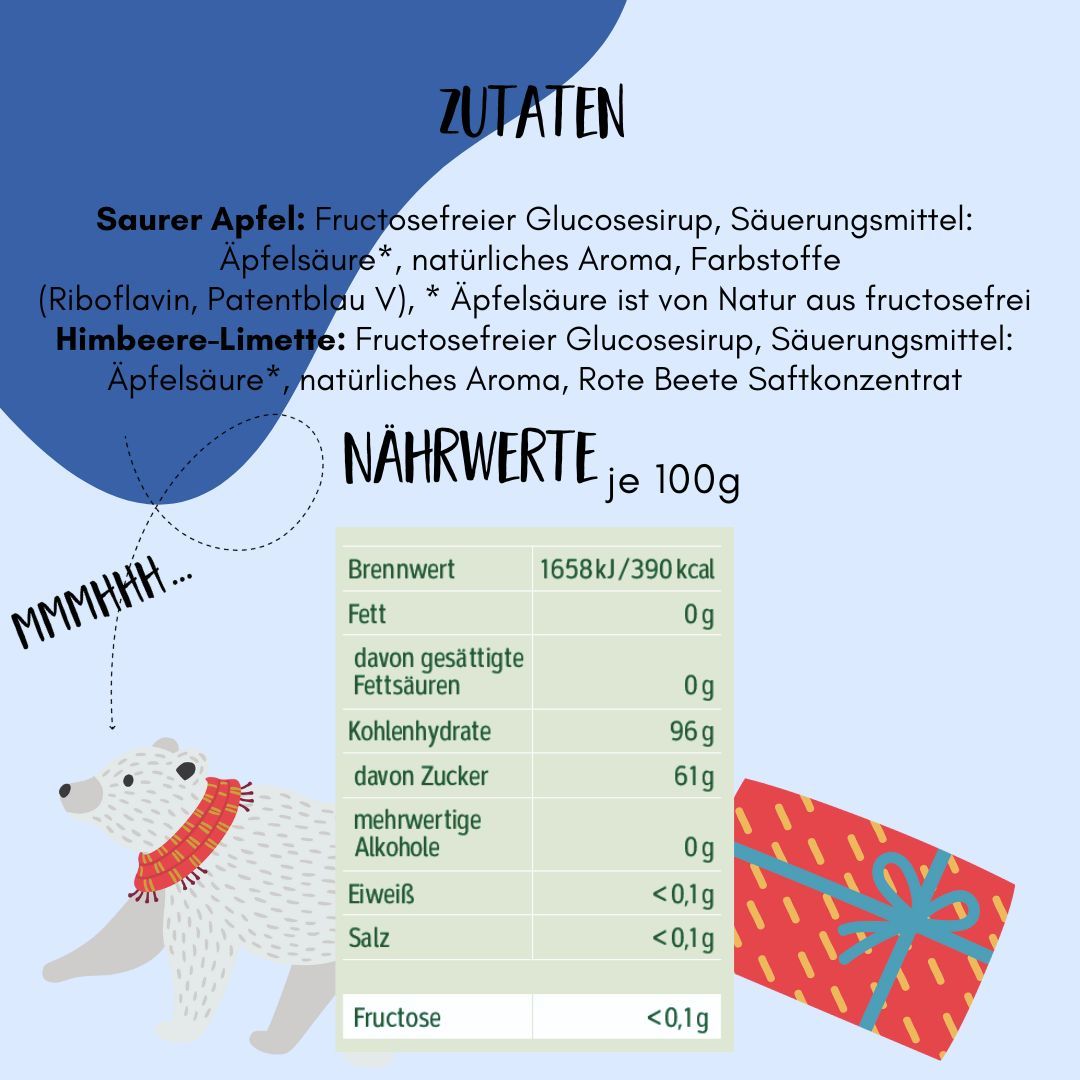 Text: Zutaten, Nährwerte pro 100g. Enthält Informationen zu Brennwert, Fett, Kohlenhydrate, Zucker, Alkohol, Eiweiß und Salz. Fructose-Angabe.