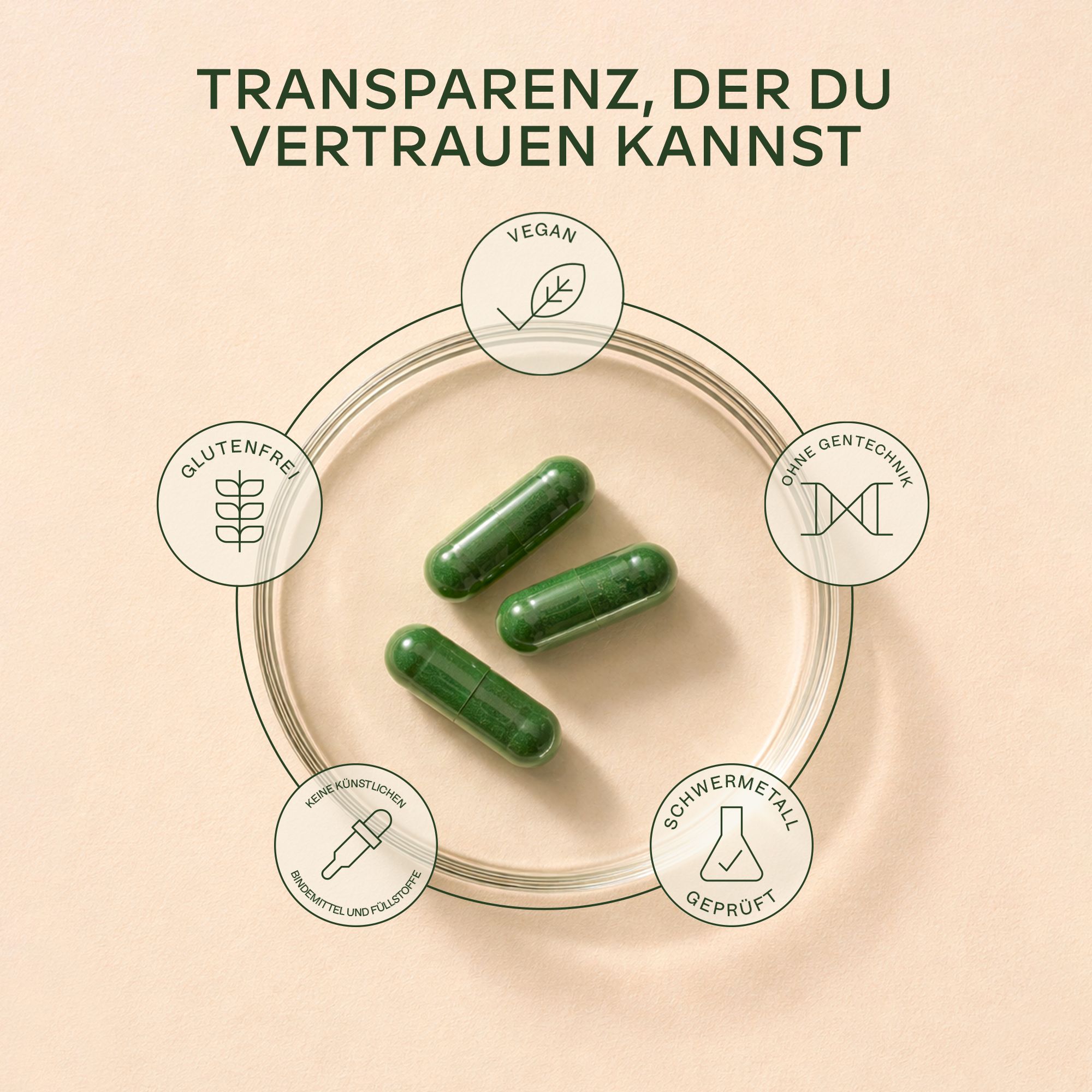 Drei grüne Kapseln umgeben von Icons für vegan, glutenfrei, ohne Gentechnik.