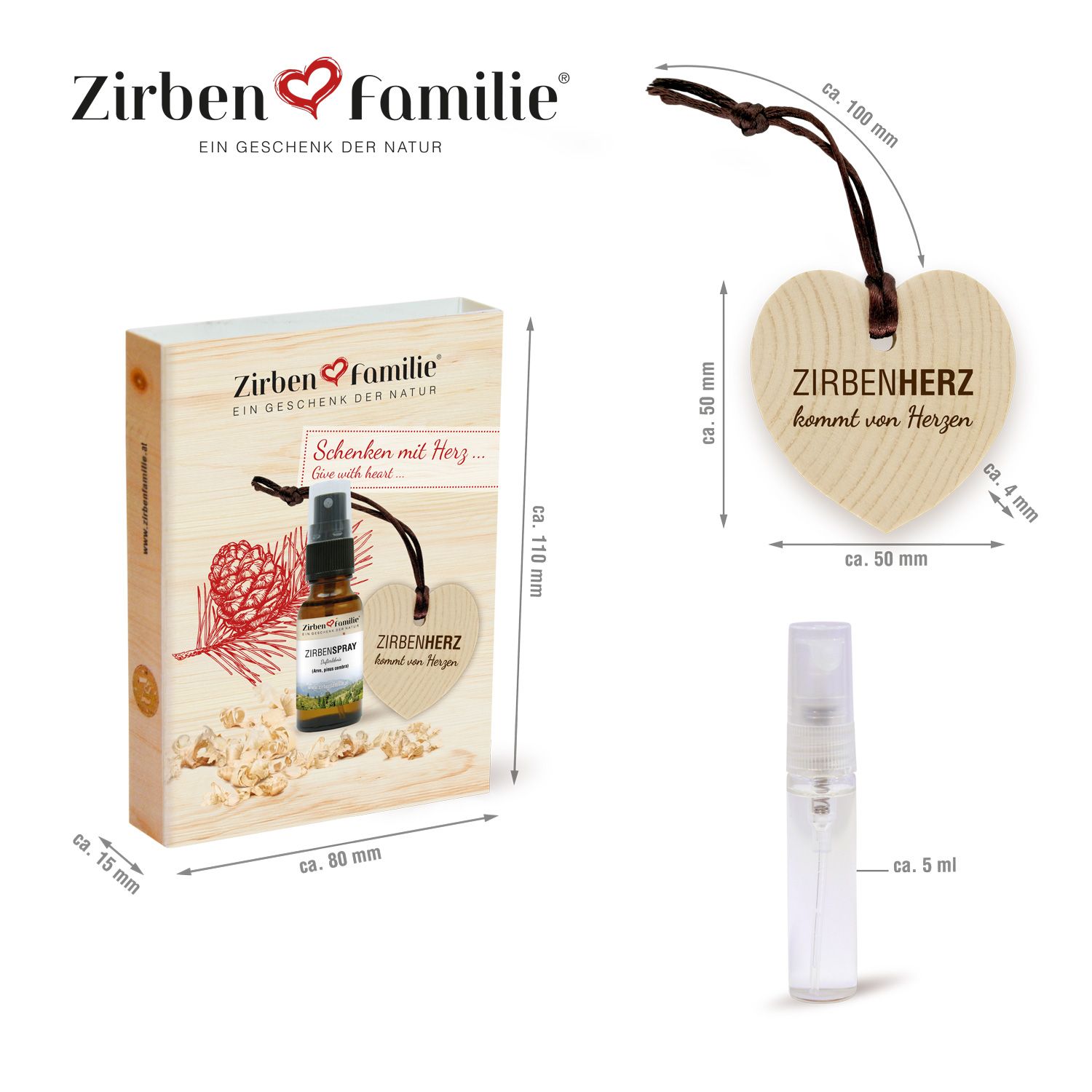 Produkt-Set mit Verpackung, Holzherz, Sprühflasche. Maße: Verpackung ca. 80x110x15mm, Herz ca. 50x50x4mm, Flasche ca. 5ml.