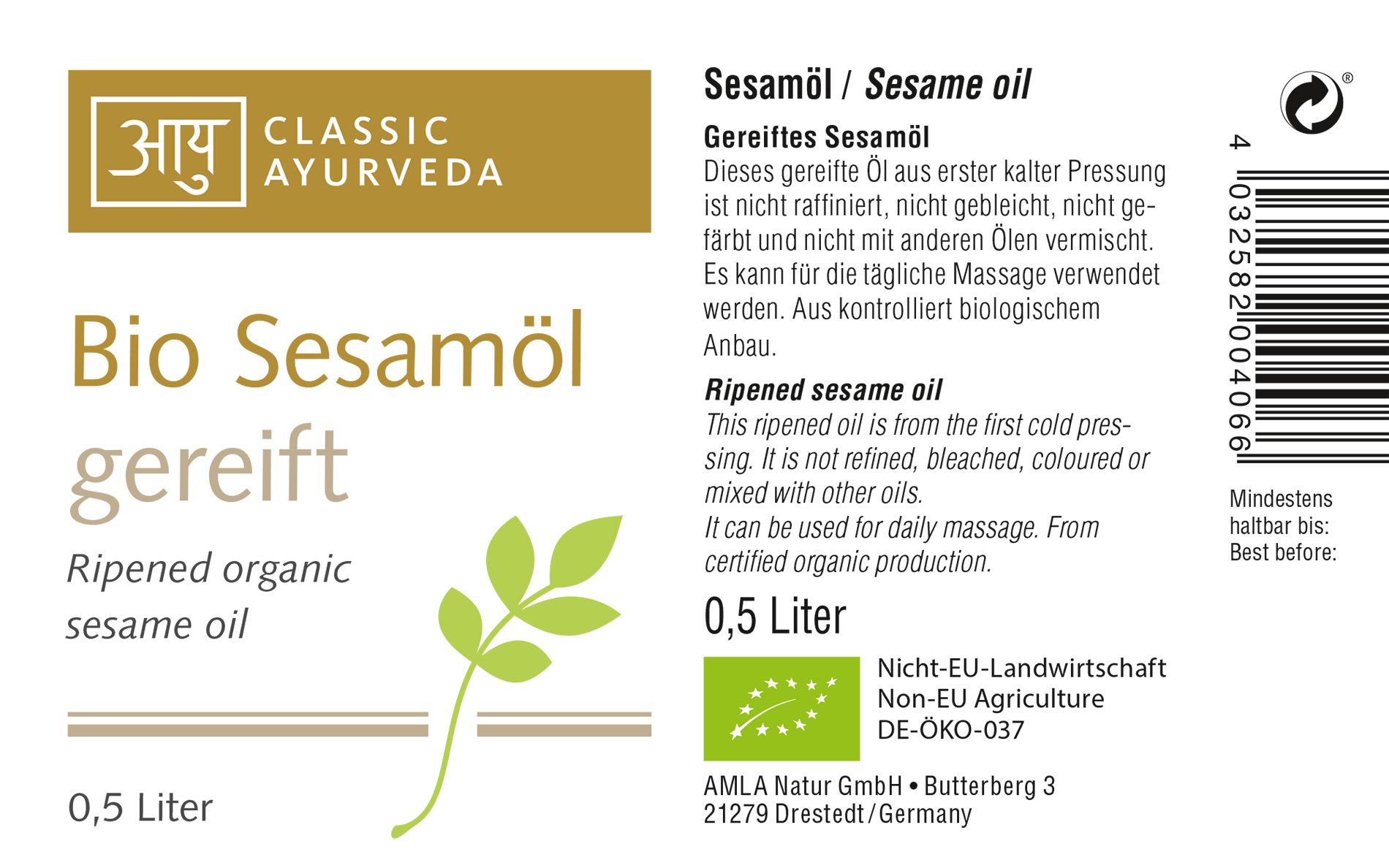 Classic Ayurveda Bio Sesamöl gereift 500 ml