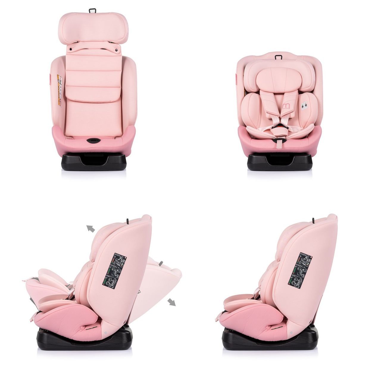 Rosa Kindersitz mit verstellbarer Kopfstütze und 5-Punkt-Gurt, Frontansicht.