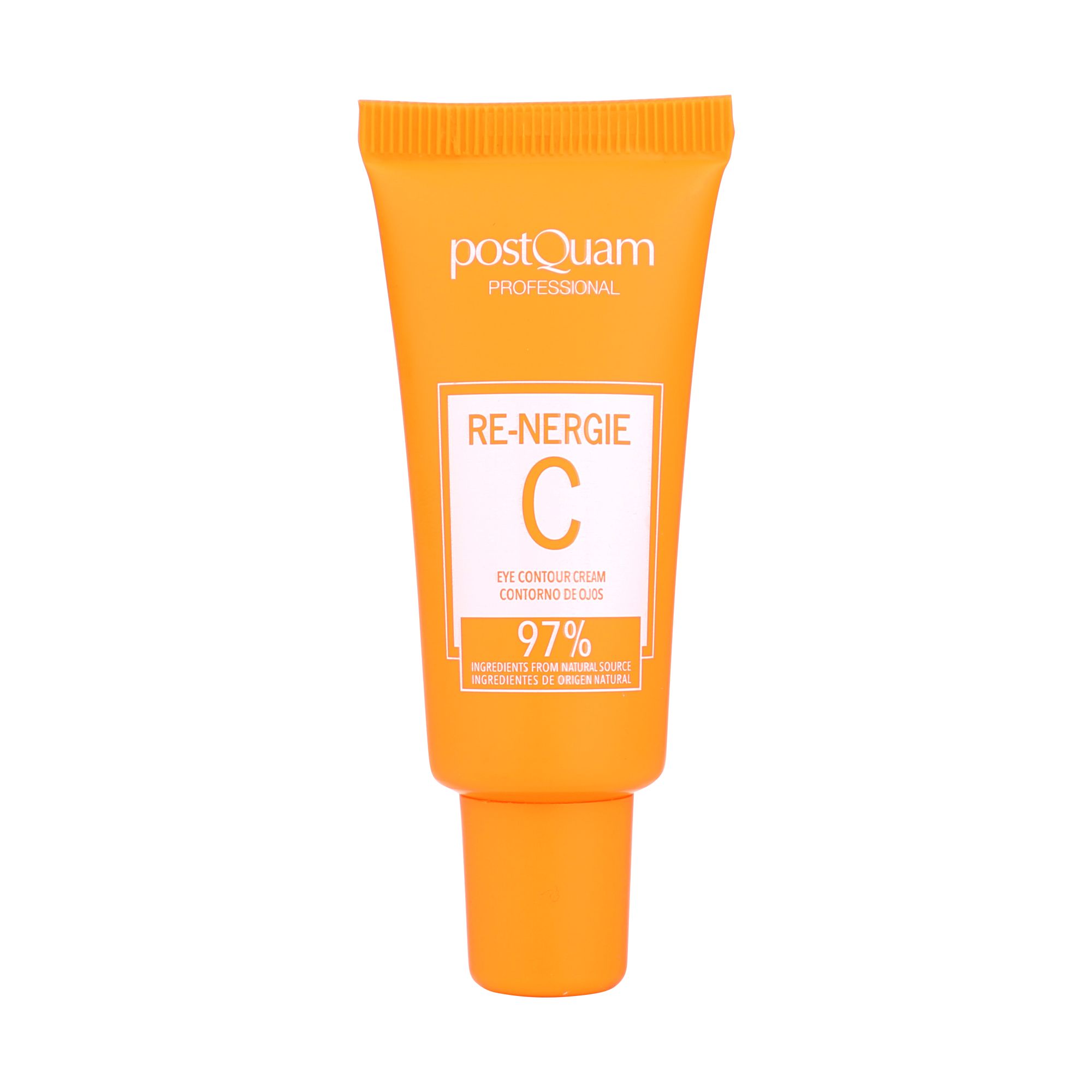 Postquam Re-Nergie C Augencreme. Orange Tube mit weißem Etikett. Text: Eye Contour Cream, 97% Inhaltsstoffe natürlichen Ursprungs.