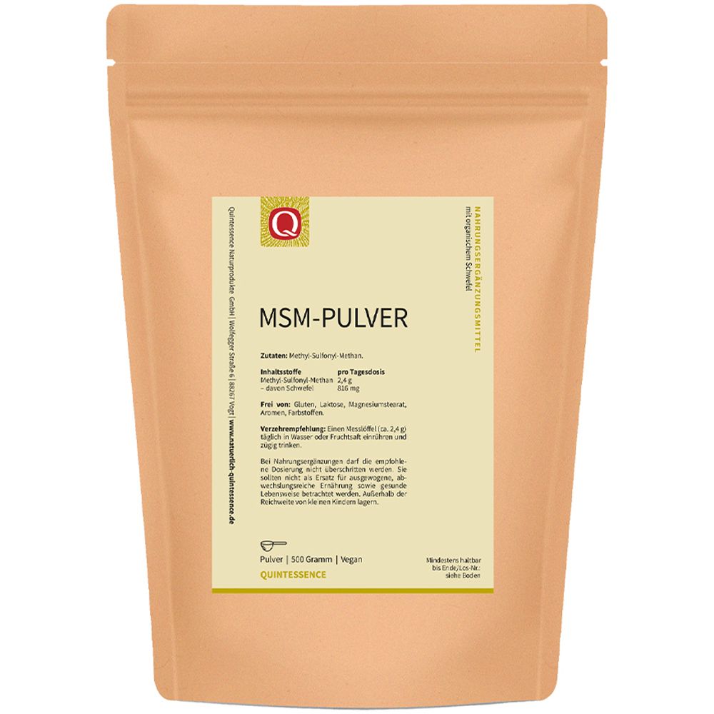 Beige Standbodenbeutel mit Etikett für MSM-Pulver, 500 Gramm, vegan.