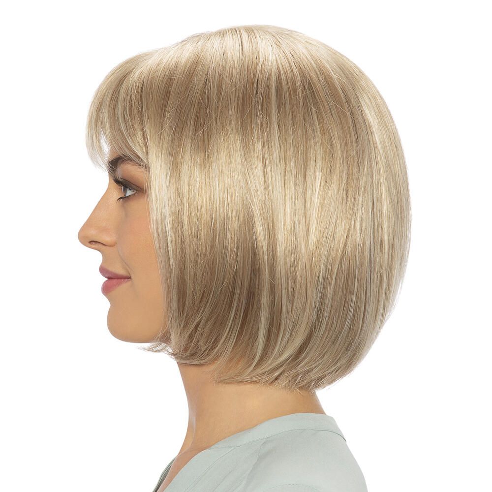 Blonde Perücke im Profil. Kurze, glatte Haare mit Pony.