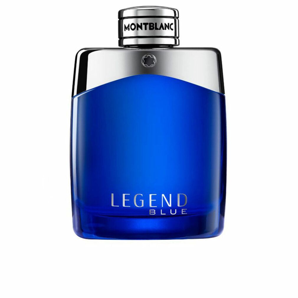 Blaues Parfümflakon mit silbernem Deckel. Aufschrift: LEGEND BLUE. Marke: MONTBLANC.
