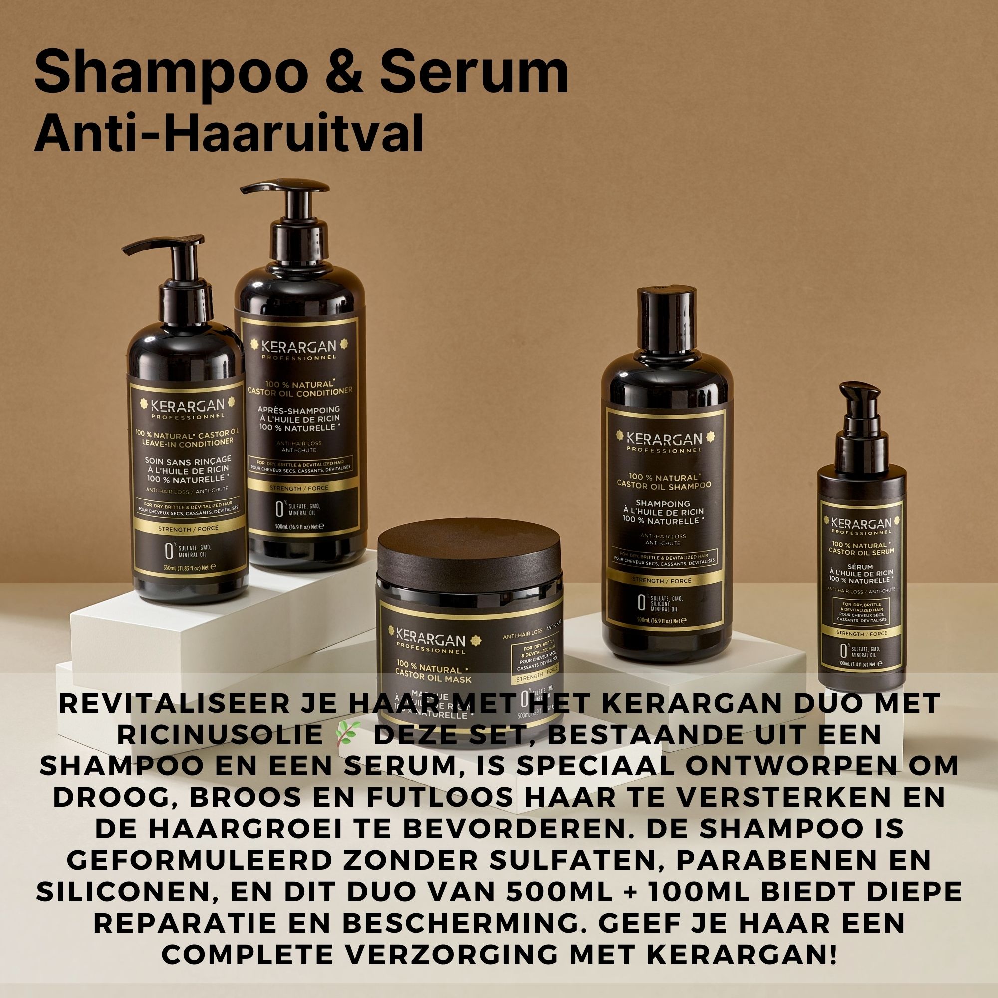 Verschillende Kerargan producten. Zwarte flessen en een pot. Tekst: Kerargan, Anti-Haaruitval. Duo-pack.