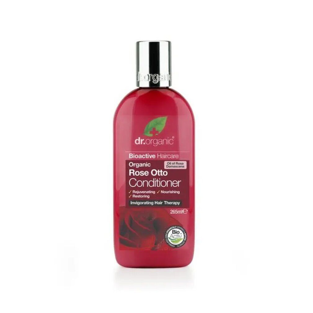 Rote Flasche mit Conditioner. Aufschrift: Organic Rose Otto Conditioner. Bio-Zertifizierung. 265ml.