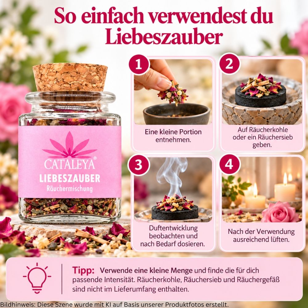 Glas mit Korkverschluss, gefüllt mit Räuchermischung 'Liebeszauber', als Geschenk für Valentinstag, Geburtstag, Jahrestag oder einfach so.