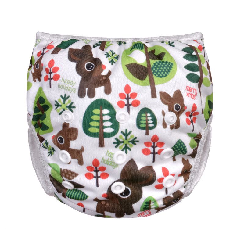 Schwimmwindel mit weihnachtlichem Muster: Rehe, Bäume und Schriftzug. Weiße Ränder und Druckknöpfe. Vorderansicht.