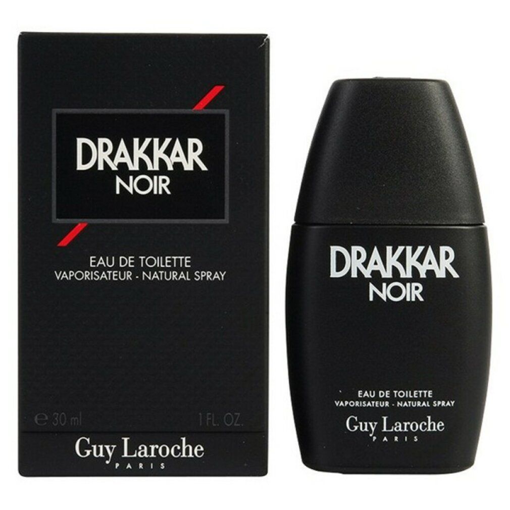 Schwarze Flasche und Verpackung Drakkar Noir Eau de Toilette Spray. Text: Drakkar Noir, Eau de Toilette, Guy Laroche.