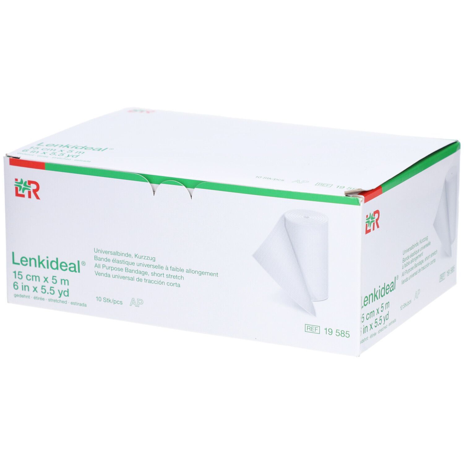 Weiße Verpackung mit Lenkideal-Bandage. Aufdrucke: 15 cm x 5 m, 6 in x 5.5 yd. Bandage sichtbar.