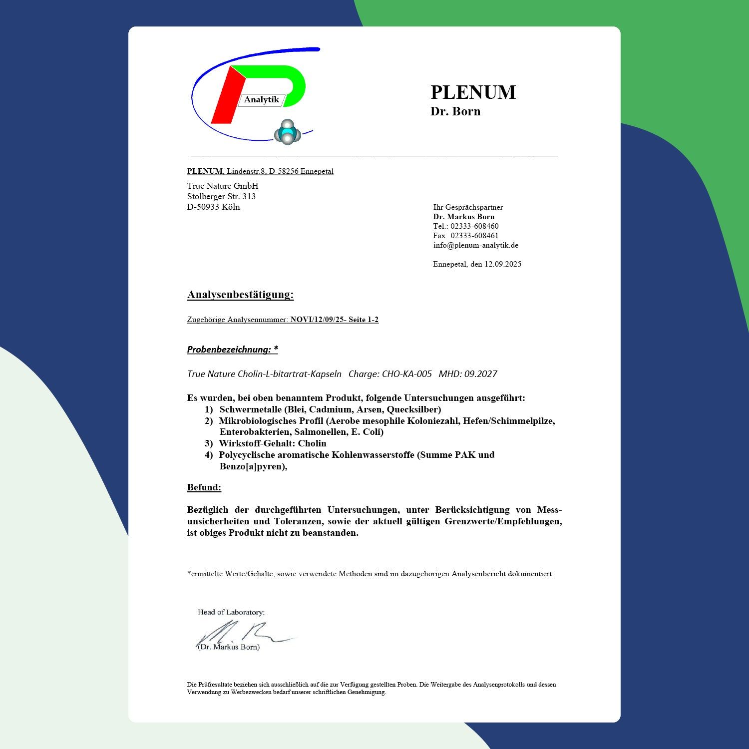 Analysenzertifikat von Plenum Dr. Born. Enthält Informationen zu Analysedaten, Probenbezeichnung und Testergebnissen.