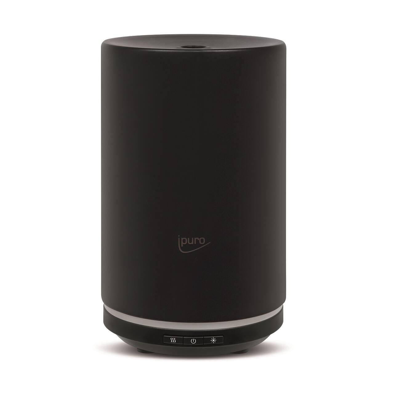 Schwarzer, zylindrischer Aroma Diffusor. Unterhalb des Logos 'ipuro' befinden sich Bedienelemente. Oberseite mit Öffnung.