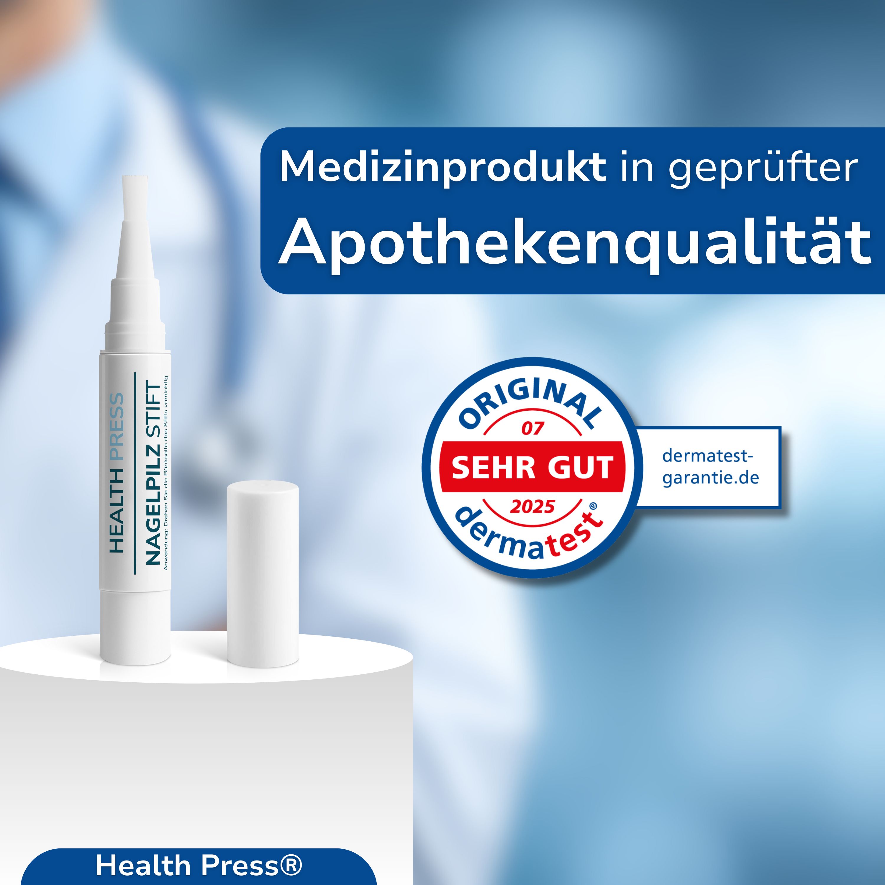 Weißer Stift mit Kappe. Health Press Nagelpilz Stift. Dermatest-Siegel. Medizinprodukt in Apothekenqualität.