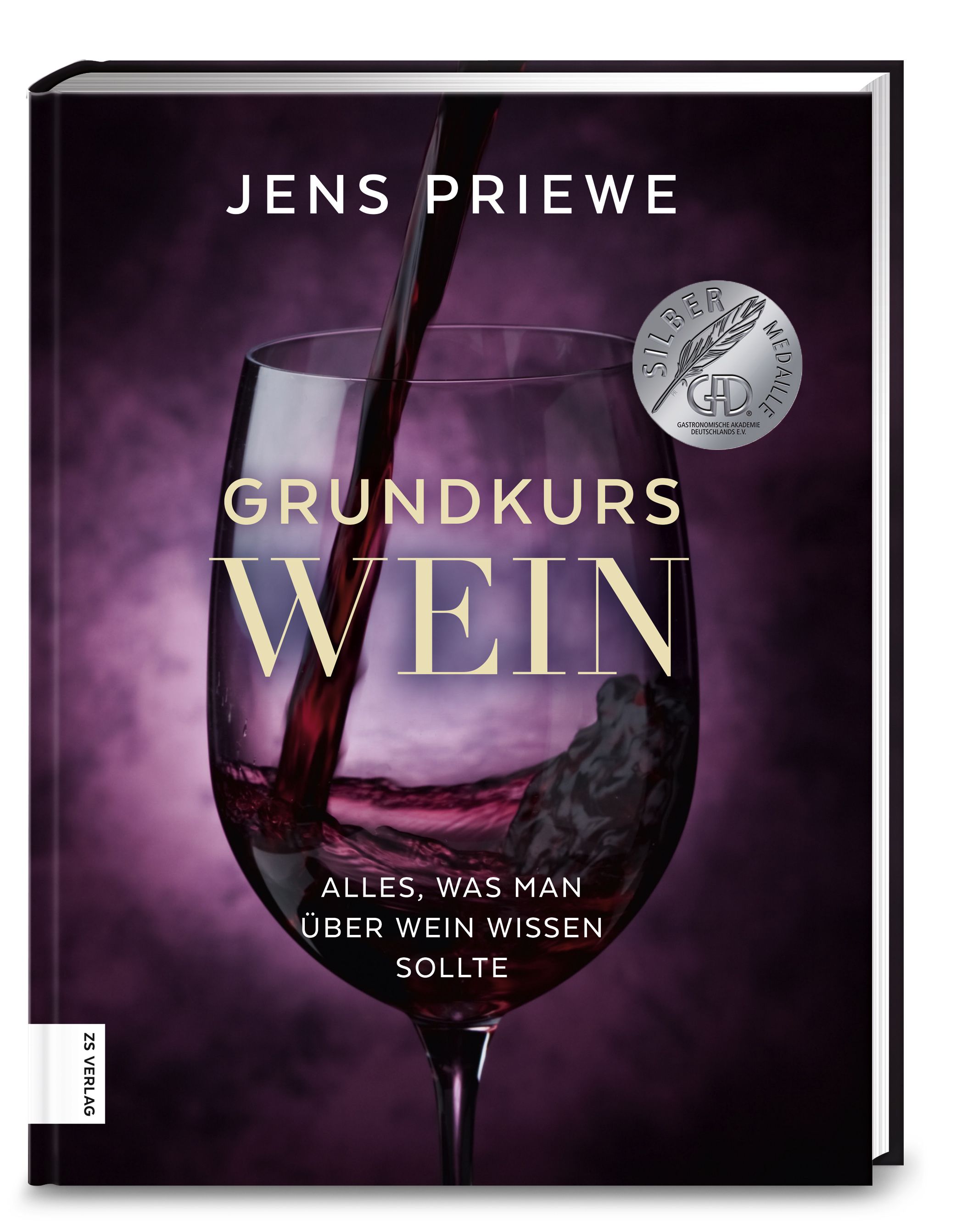 Buchcover mit Glas Wein. Titel: Grundkurs Wein. Autor: Jens Priewe. Silbermedaille. Aufschrift: Alles, was man über Wein wissen sollte.