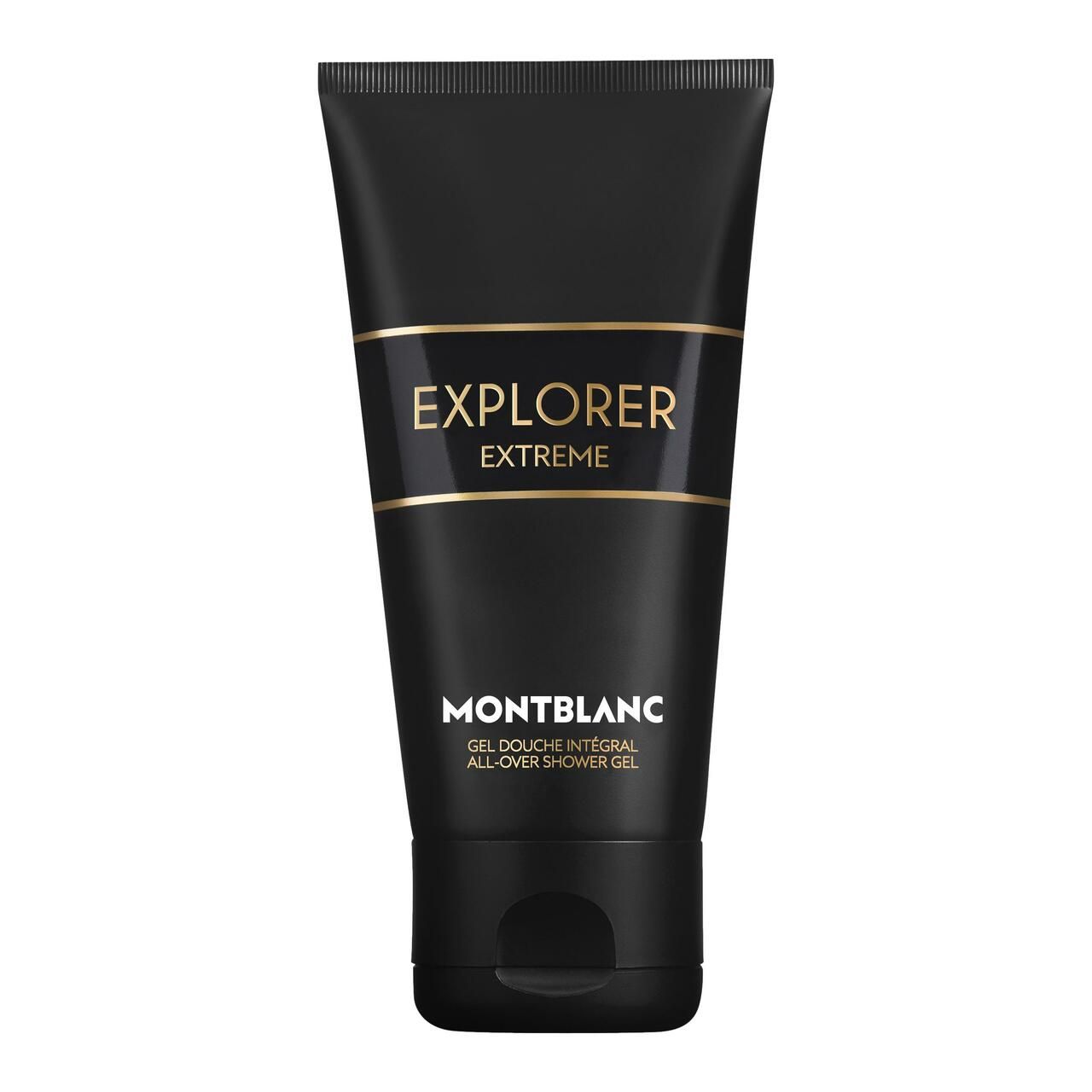 Schwarze Tube mit goldfarbenem Streifen. Aufschrift: EXPLORER EXTREME und MONTBLANC. Duschgel.