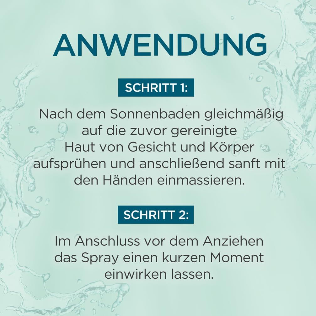 Anwendung: Schritt 1: Auf gereinigte Haut sprühen und einmassieren. Schritt 2: Kurz einwirken lassen. Text auf blauem Hintergrund.