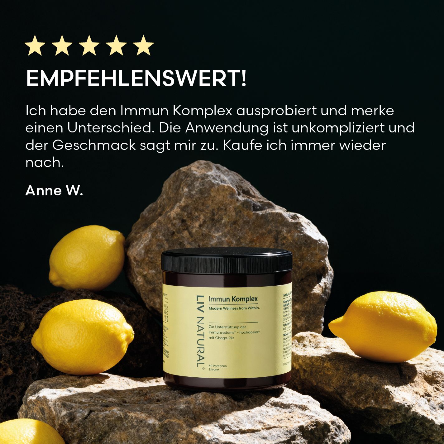 Dose mit Zitronen. Text: Empfehlenswert! LIV Immun Komplex. Gelbe Zitronen liegen um die Dose herum.