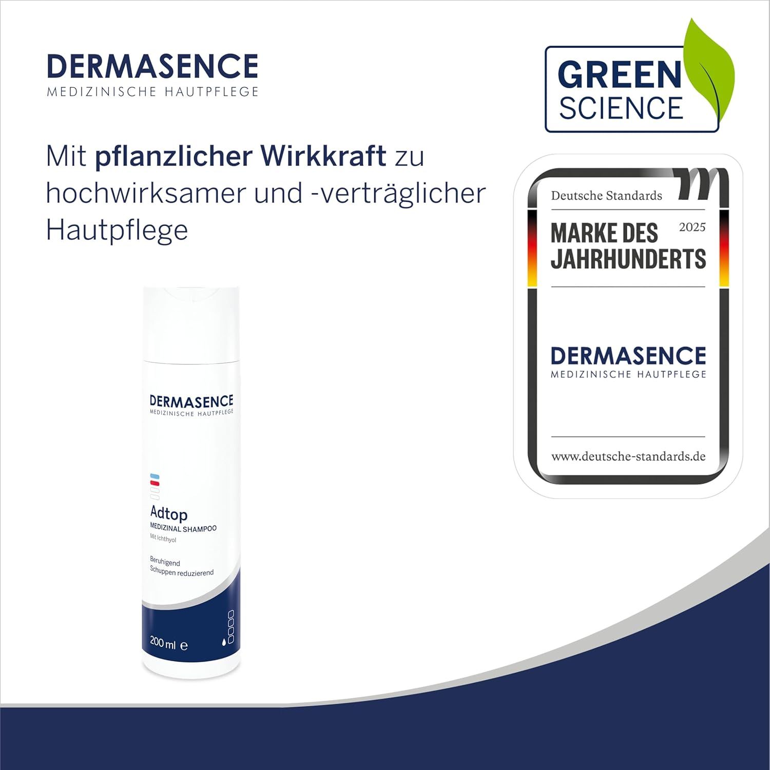 Weißes Shampoo mit blauer Banderole. Text: DERMASENCE, Marke des Jahrhunderts. Grün-Siegel.