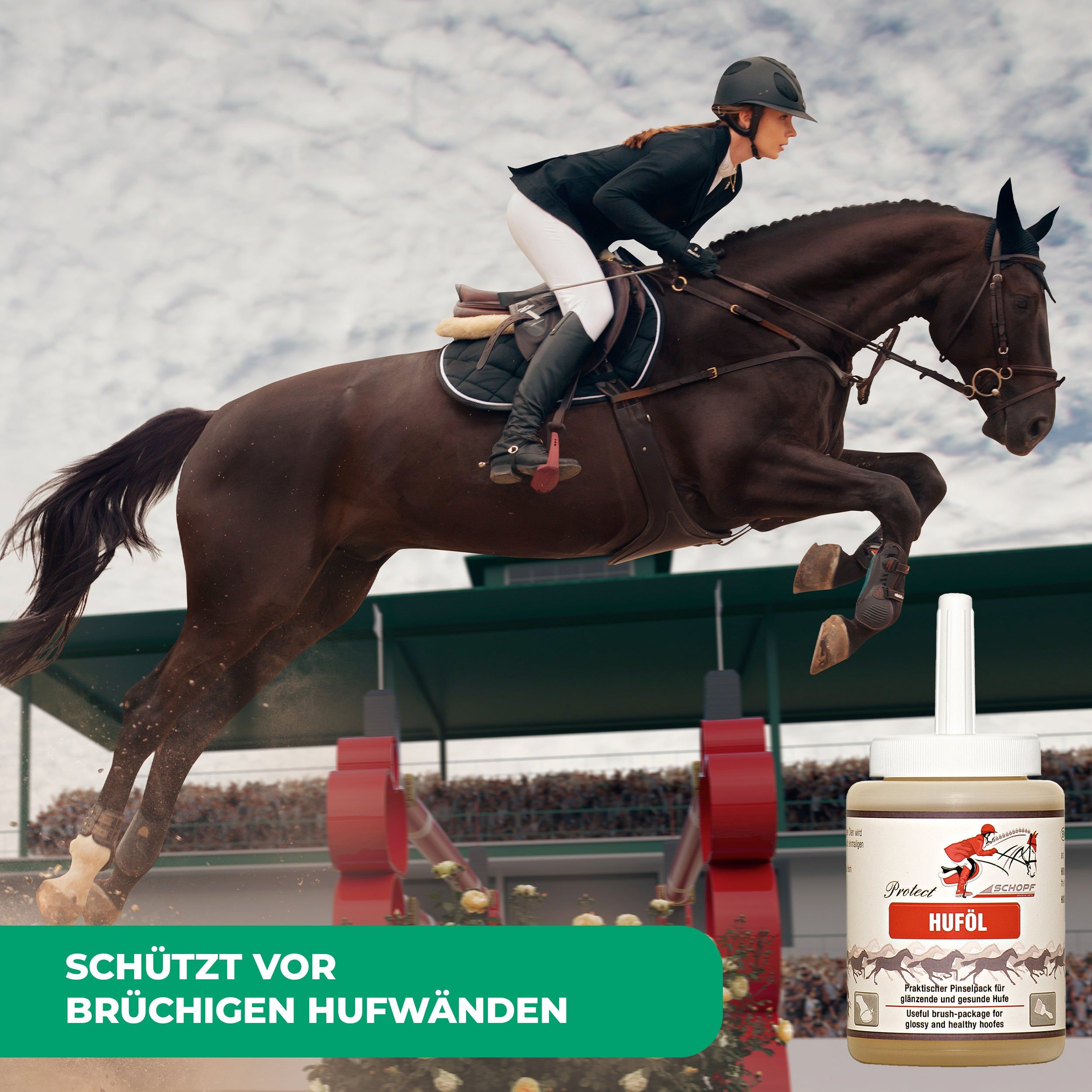 Huföl-Flasche mit Applikator neben einem springenden Pferd mit Reiter. Text: Schützt vor brüchigen Hufwänden.