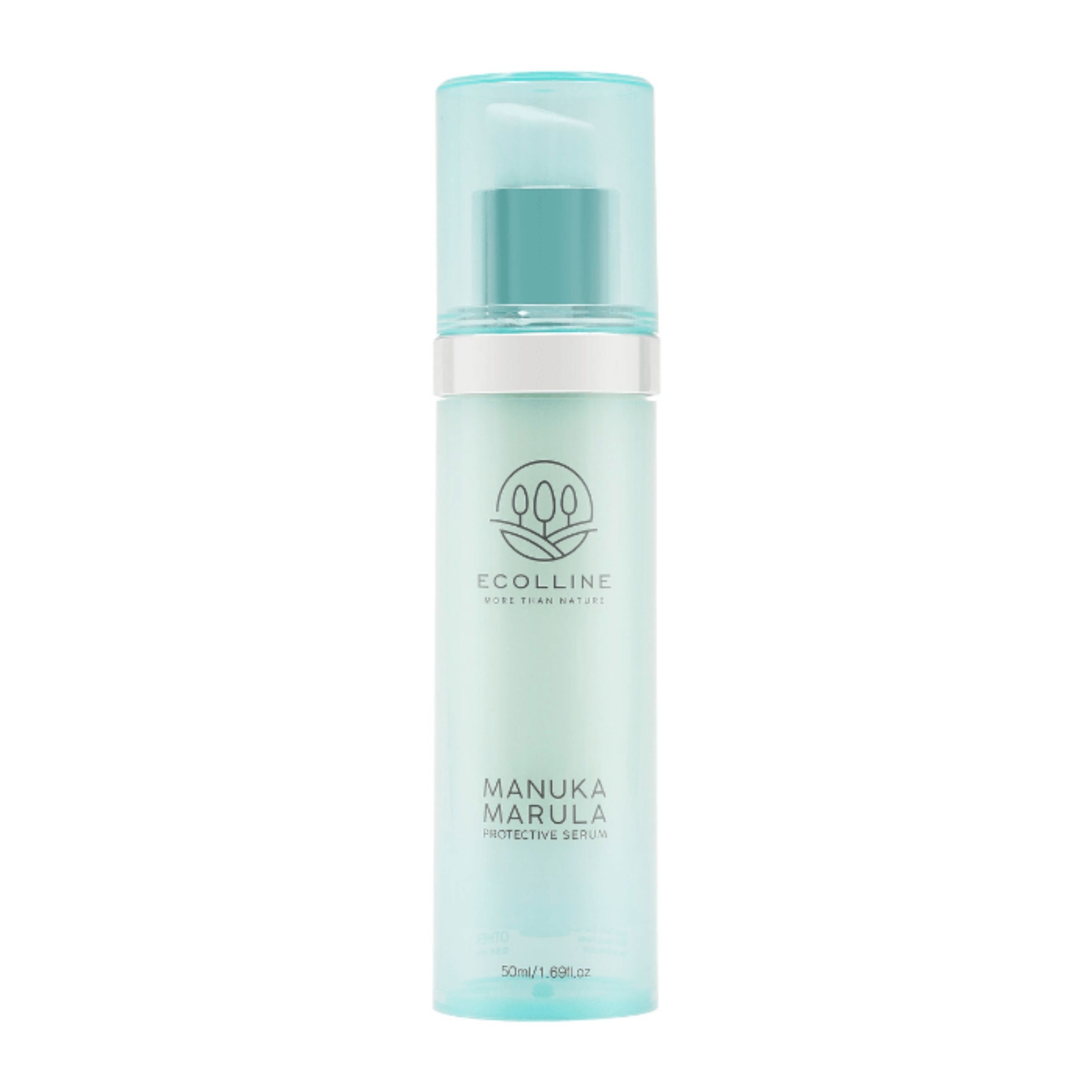 Hellblaues Serum in einer Flasche mit Sprühkopf. Aufschrift: Ecolline, Manuka Marula Protective Serum.