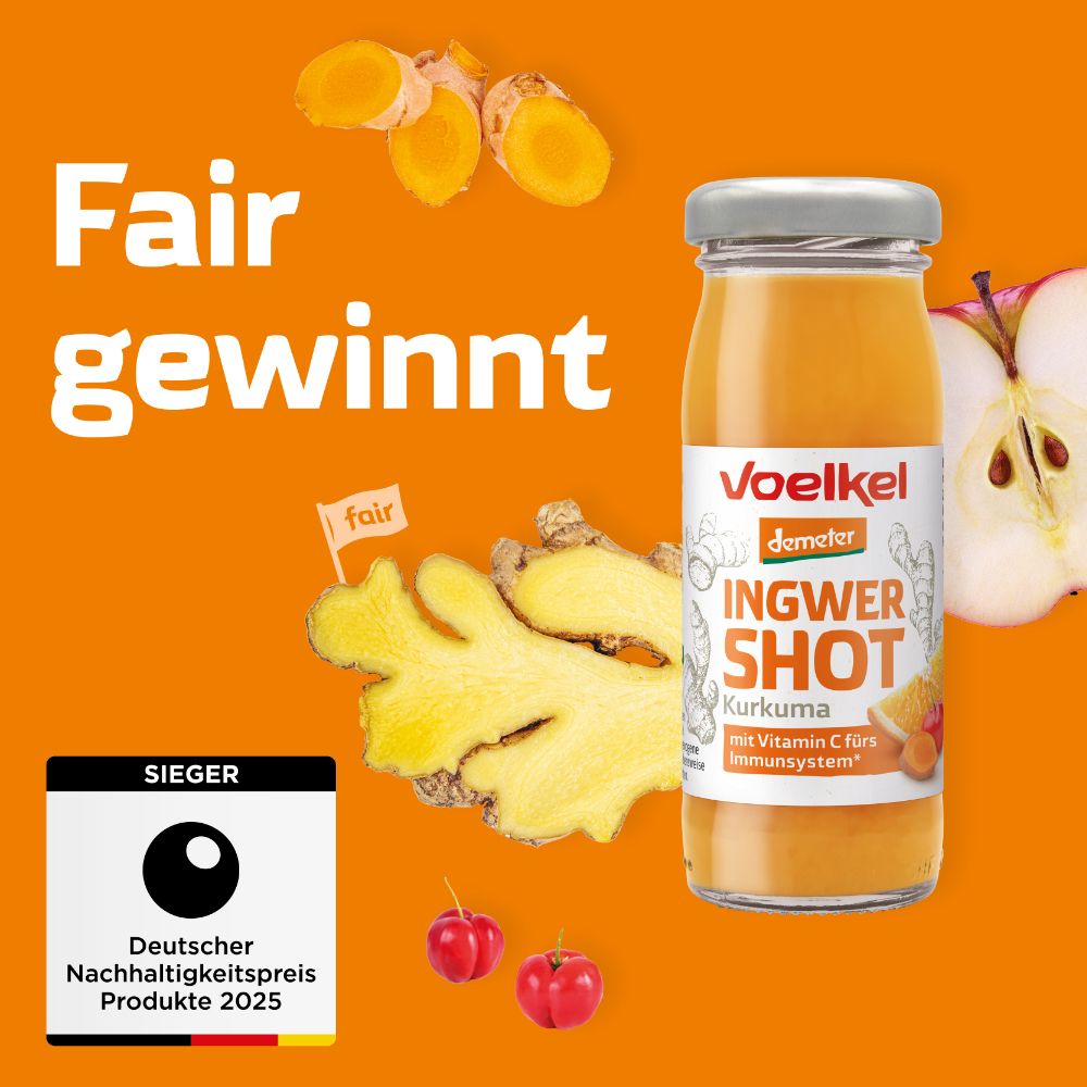 Glasflasche mit gelbem Inhalt. Etikett mit Produktname. Auf orangefarbenem Hintergrund mit Ingwer, Apfel und Siegel.