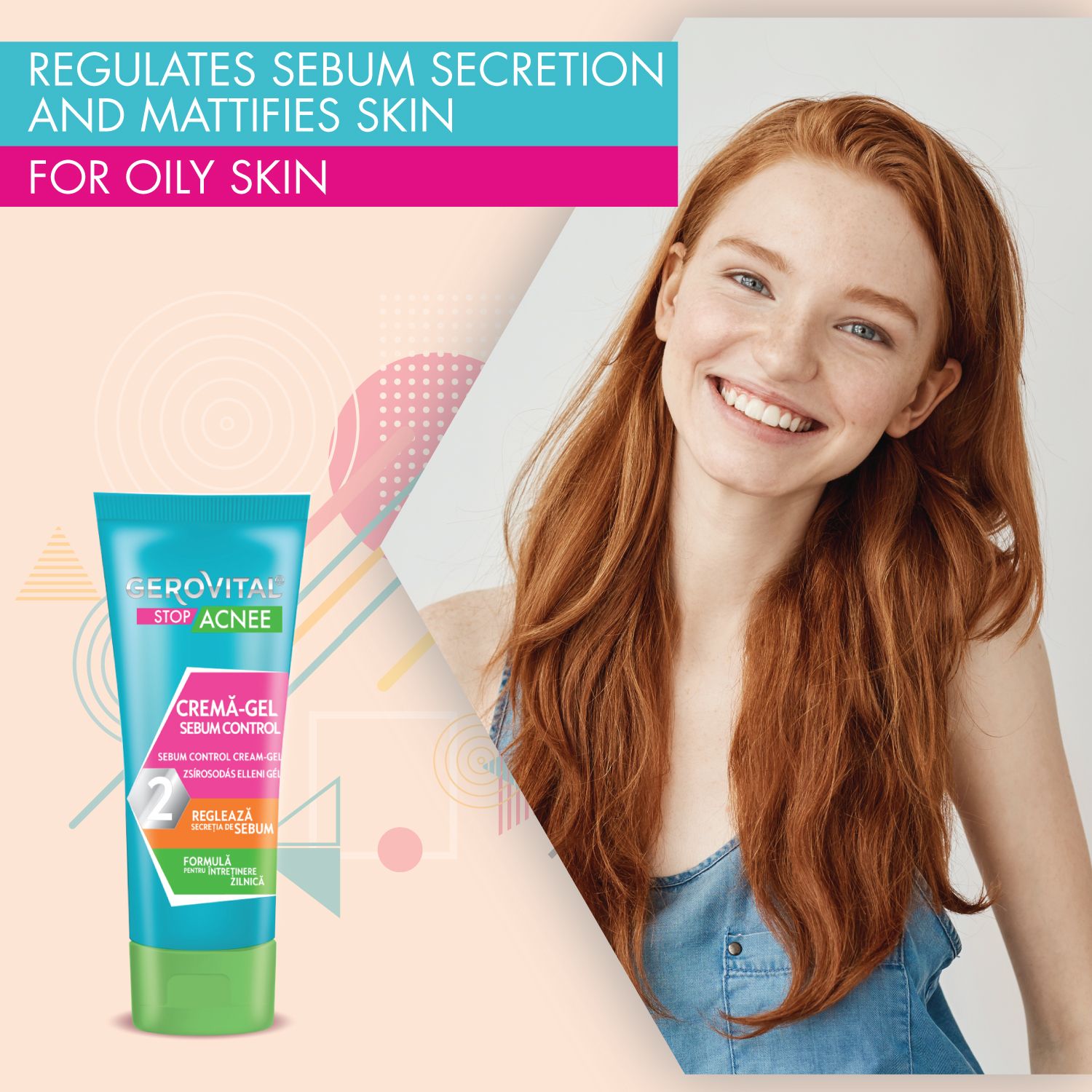 Gerovital Stop Acnee Creme-Gel. Blaue Tube mit grünem Verschluss. Text: Creme-Gel Serum Control. Reguliert Sebum.