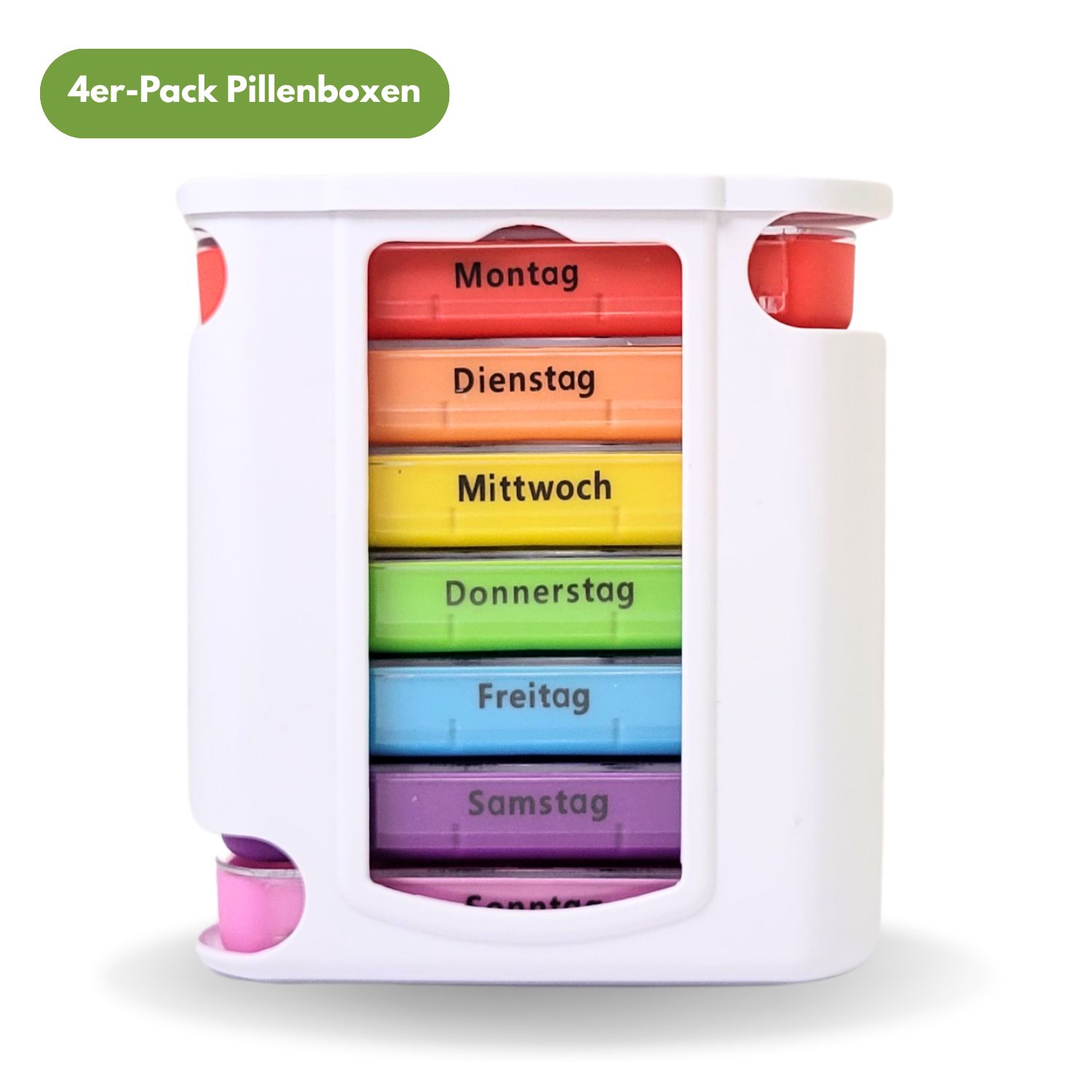 7-Tage Pillenbox mit bunten, beschrifteten Fächern für jeden Tag.