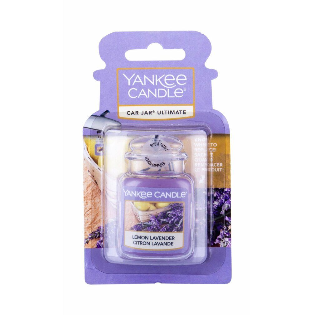 Yankee Candle Car Jar, Lemon Lavender Duft. Lila Glasbehälter in Verpackung. Text: "Citron Lavande".