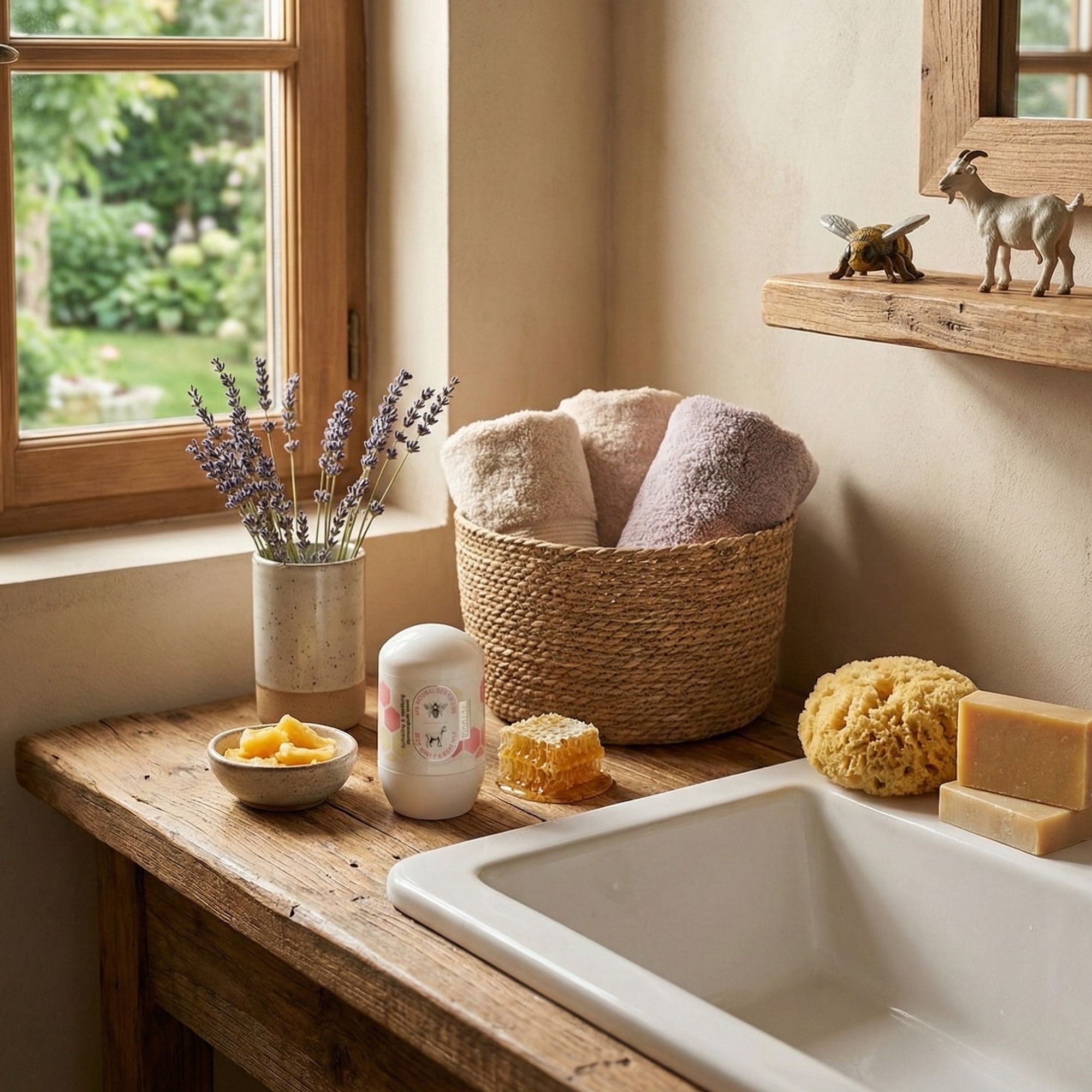 Roll-on-Deo auf einem Holztisch. Neben Lavendel, Honigwabe, Seife und einem Waschbecken. Handtücher im Korb.