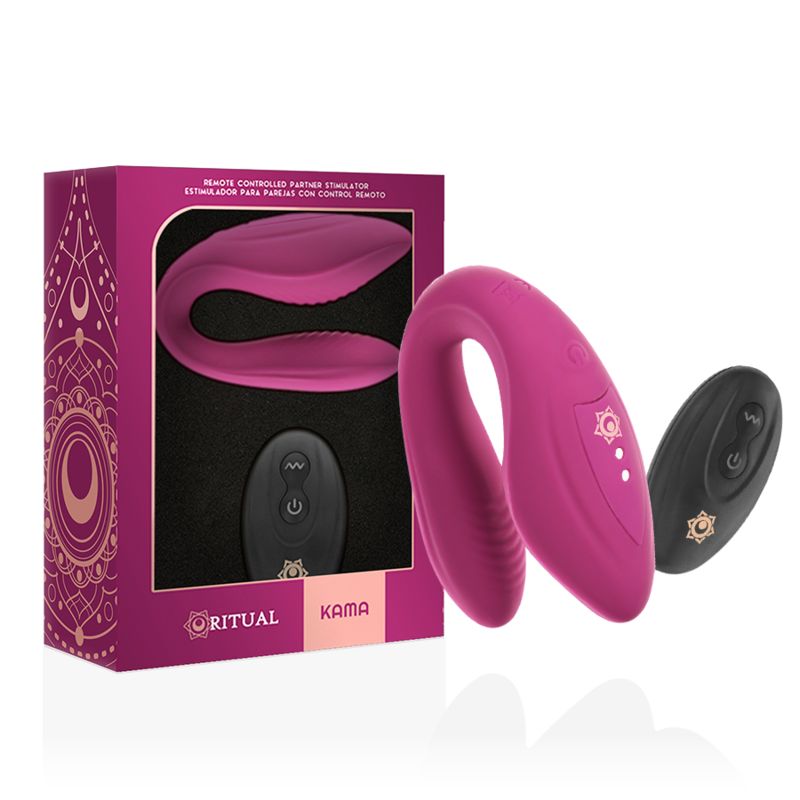 Lila Vibrator mit Fernbedienung, in Verpackung. Aufschrift: Rithual Kama. Schwarze Fernbedienung.