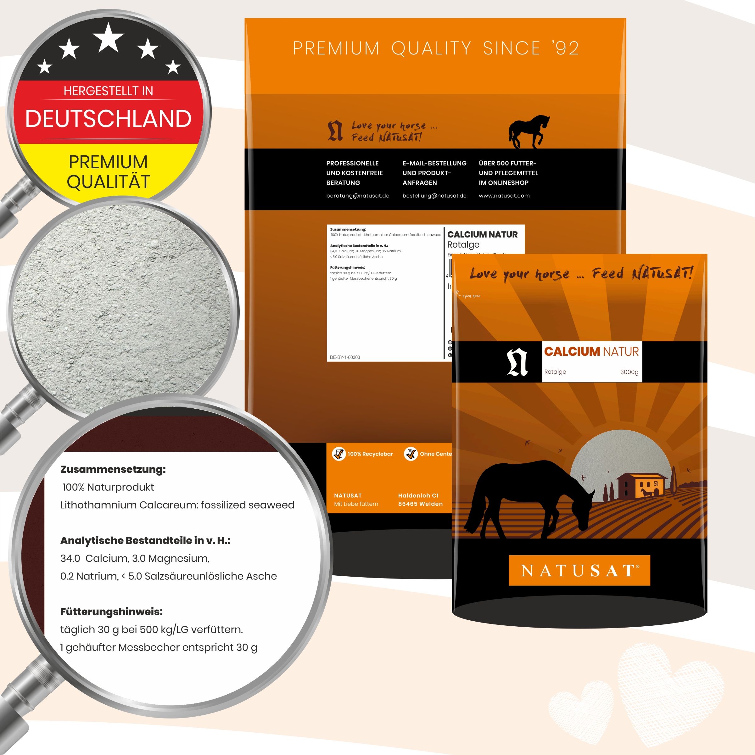 Natusat Calcium Natur Produktinformationen mit Lupe und Sack.